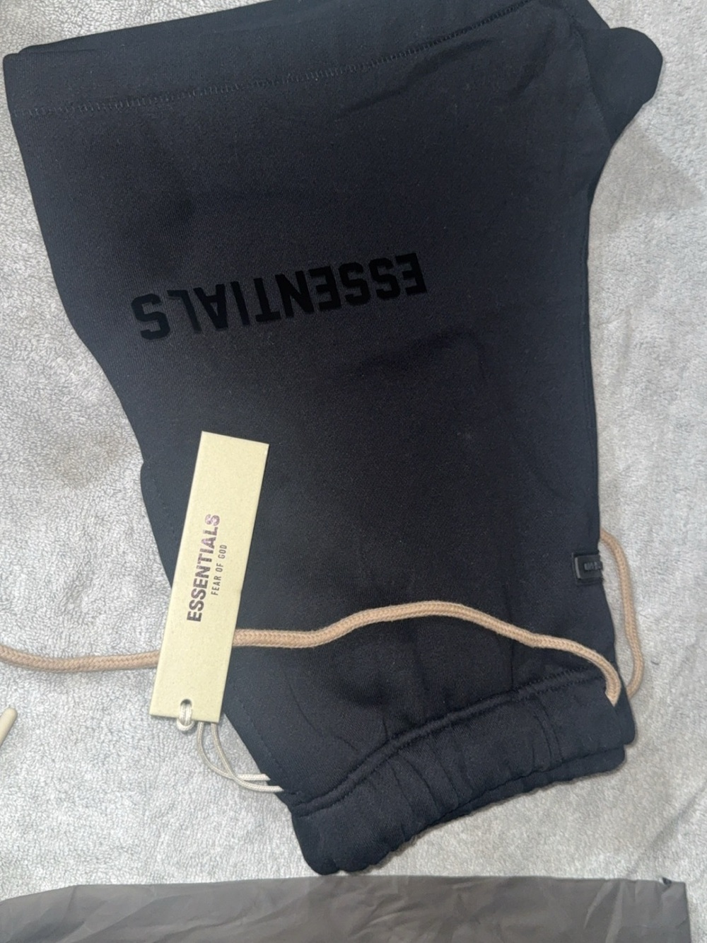 ESSENTIALS Black Cargo Sweat Shorts with Tan Drawstring